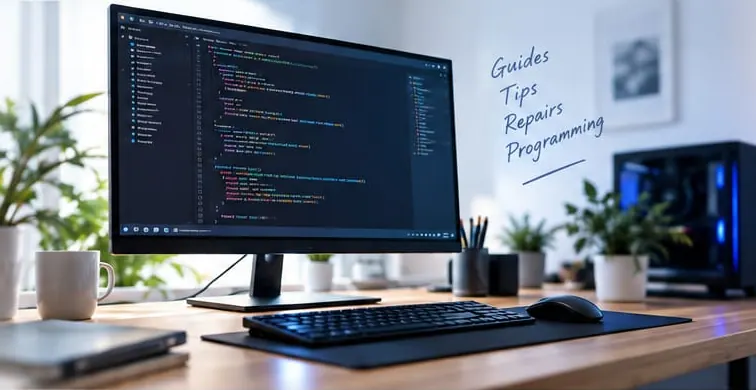 Desk with a monitor showing source code, a keyboard, a coffee mug and plants in a bright room
